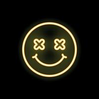 Neon yellow happy face with eyes crosses smiling showing teeth on black background vector