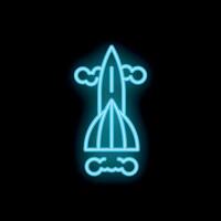 Blue neon icon of a spacecraft flying through clouds on black background vector
