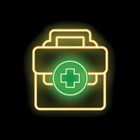 Glowing neon line first aid kit on black background vector