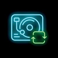 Neon icon of vinyl record player playing music with update or reload symbol vector