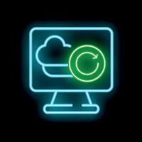 Neon green cloud computing backup storage restore system icon on black brick wall background vector