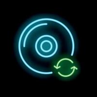 Neon icon of cd or dvd disc rotating, looping and repeating vector