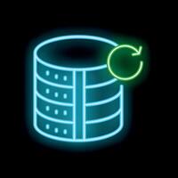 Neon icon of data server showing rotating arrows for backup and recovery process vector