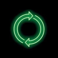 Green neon circular arrows showing perpetual cycle on black background vector