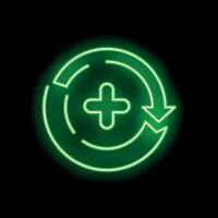 Green neon continuous medical help sign with arrows on a circle on a black background vector