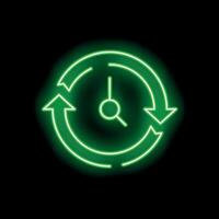 Neon green clock with rotating arrows on black background vector