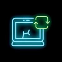 Broken laptop showing update status with neon green arrows on black background vector