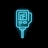 Blue neon icon of a glucometer showing blood sugar level on black background vector