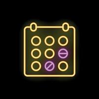 Neon calendar showing days with pills taken icon on black background vector