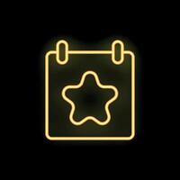 Neon yellow calendar page with star icon is glowing on a black background vector