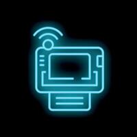Neon icon of wireless printing using laptop with wifi signal on black background vector