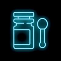 Neon sign of measuring spoon next to a jar with a blank label on black background vector