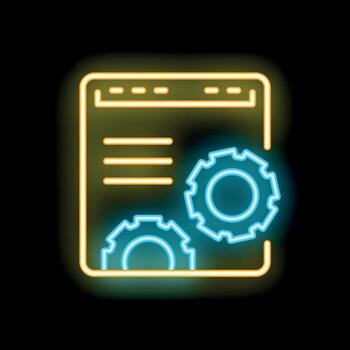 Neon icon of website development showing browser window and gears vector