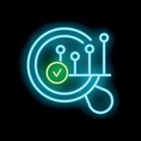 Neon magnifying glass analyzing data with check mark symbol vector