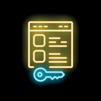 Neon icon of key unlocking web page content access vector