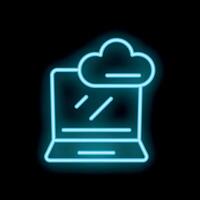 Neon blue cloud computing icon with laptop and data transferring vector