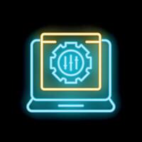 Neon icon of laptop displaying customization settings gear and sliders vector