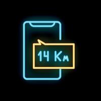 Neon icon of smartphone showing 14 kilometers distance covered tracking app vector