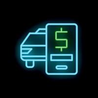Neon icon of smartphone displaying money next to a car for taxi app concept vector