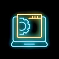 Neon laptop showing website development process with cogwheel icon vector