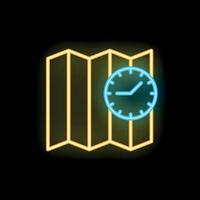 Neon clock over folded paper map on a black background vector