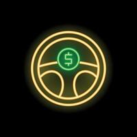 Neon sign representing steering wheel with dollar sign for taxi and car sharing services vector