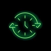 Green neon clock showing time passing on black background vector