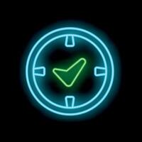 Neon clock showing check mark symbol on black background vector