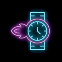 Neon wristwatch showing time passing quickly burning with fire vector