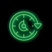 Green neon clock showing time going backwards on black background vector