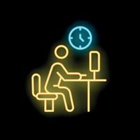 Businessman working overtime at office desk with clock neon sign icon vector