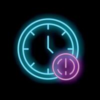 Neon clock showing time passing with power button icon vector