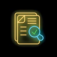 Neon icon of magnifying glass validating documents with check mark vector