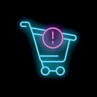Neon shopping cart displaying warning symbol for online shopping issues vector