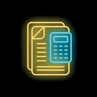 Neon calculator icon over paperwork representing accounting vector