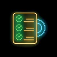 Neon icon of gear rotating and completing checklist on black background vector
