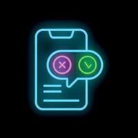 Neon smartphone showing right and wrong symbol in speech bubble on black background vector