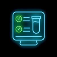 Neon icon of medical test tube displaying successful results on computer screen vector