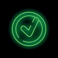 Green neon light showing checkmark symbol on circle shape vector