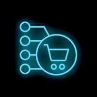 Neon shopping cart icon connecting to data points on circuit board vector
