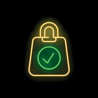 Glowing neon line shopping bag with a check mark icon is isolated on a black background vector