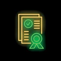 Neon icon of documents with checkmark and quality seal representing successful contract agreement vector