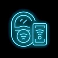 Neon icon of robot vacuum cleaner controlled from smartphone app vector