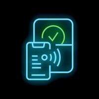 Smartphone scanning qr code with check mark neon sign on black background vector