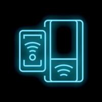 Neon smartphone making contactless mobile payment on pos terminal vector