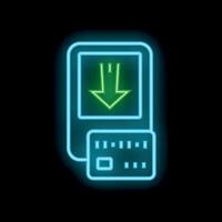 Neon atm cash machine displaying downloading money symbol icon illustration vector