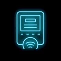 Neon blue pos terminal confirming contactless payment with smartphone nfc technology vector