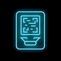Blue glowing neon line pos terminal with printed reciept and confirms the payment by smartphone nfc icon isolated on black background vector