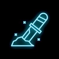 Neon blue knife stabbing ground icon with glowing sparkles on black background vector