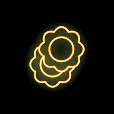 Yellow neon sign of three plates with floral pattern on black background